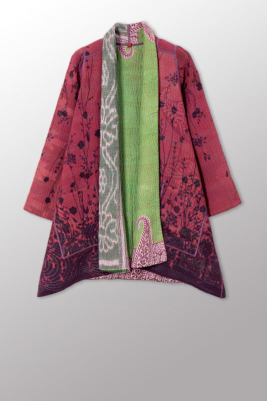 VINTAGE SILK GEORGETTE COTTON KANTHA A-LINE JACKET - gc4003-0003a -