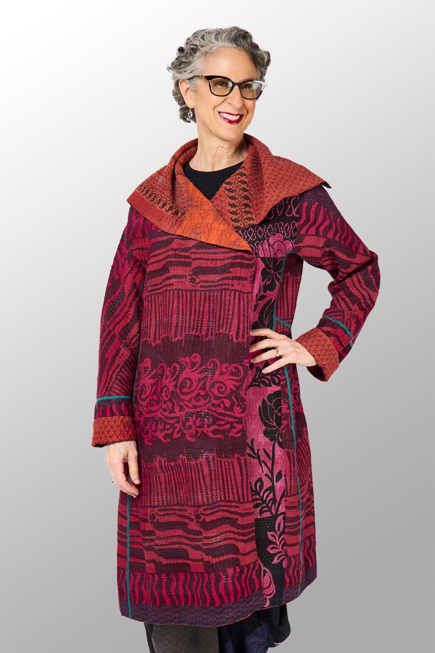 COTTON OVERDYE KANTHA A-LINE COAT - ov4309-cred002a -