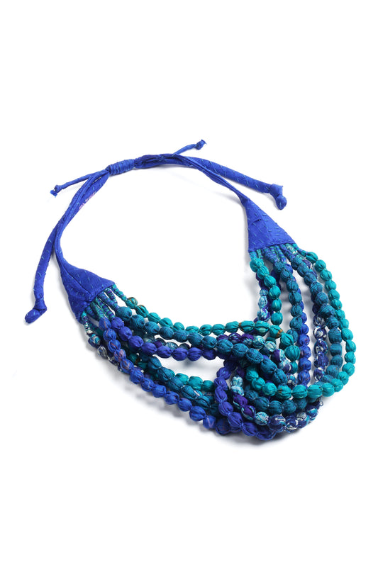 VINTAGE SILK KANTHA SEED NECKLACE SHORT - sv2722-blu -