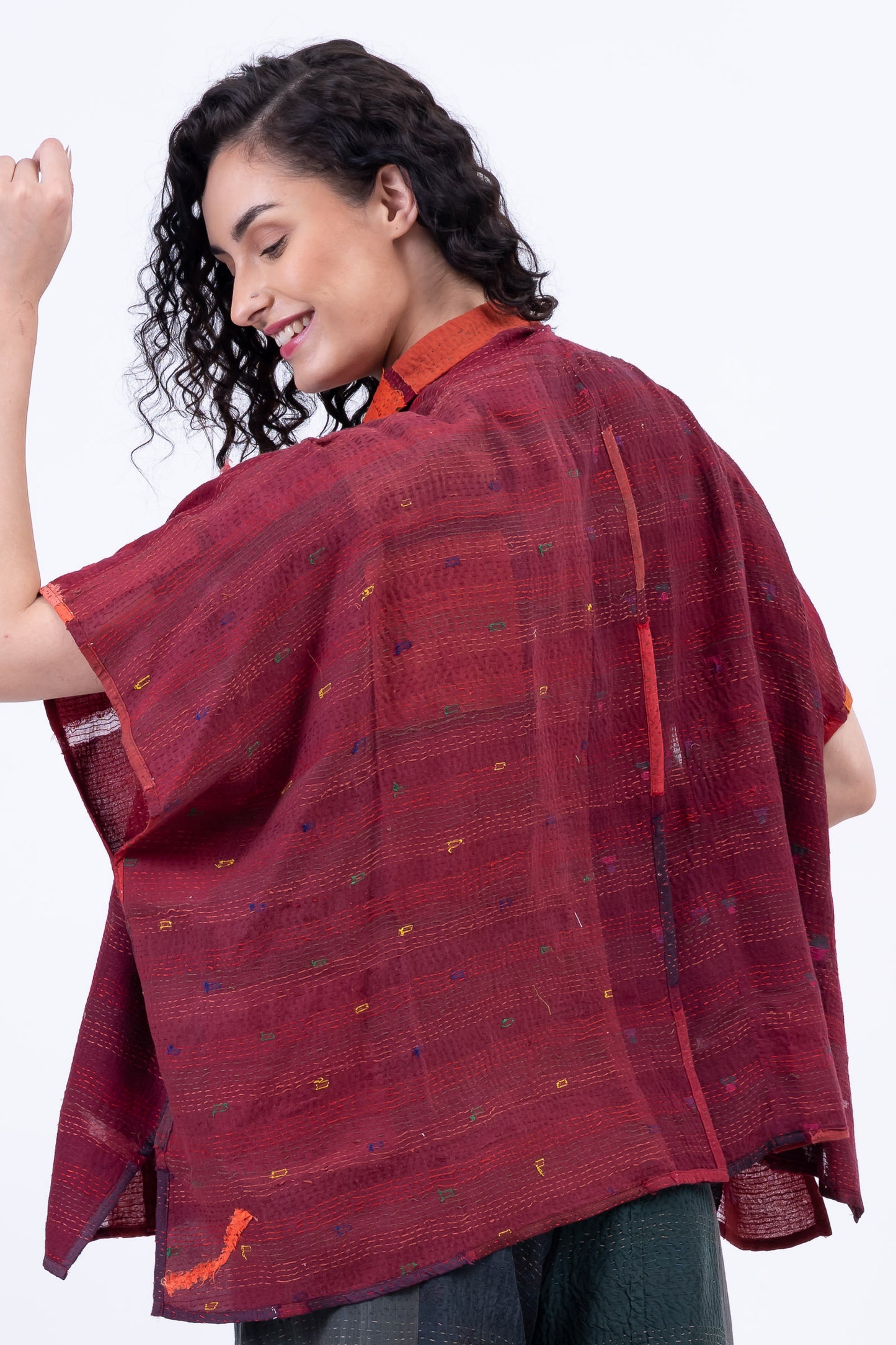 TONAL TILE PATCH KANTHA PONCHO TOP - tt2568-red -