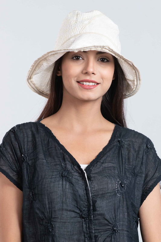 FRAYED PATCH KANTHA CIRCULAR CUT BRIM HAT - fi2882-ivy -
