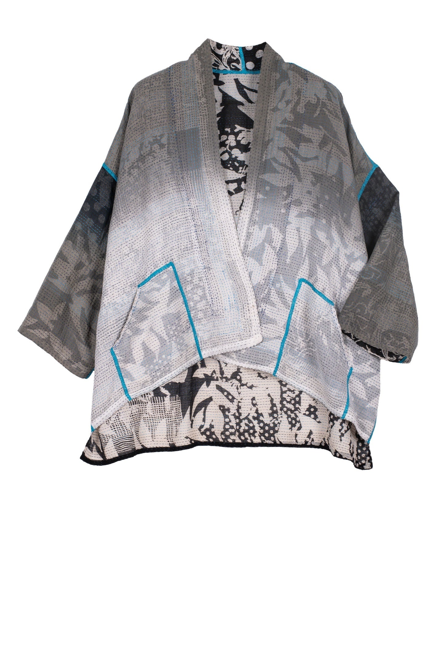 MONOTONE TWILIGHT PRINT KANTHA MINI KIMONO JKT - tp2055-blk -