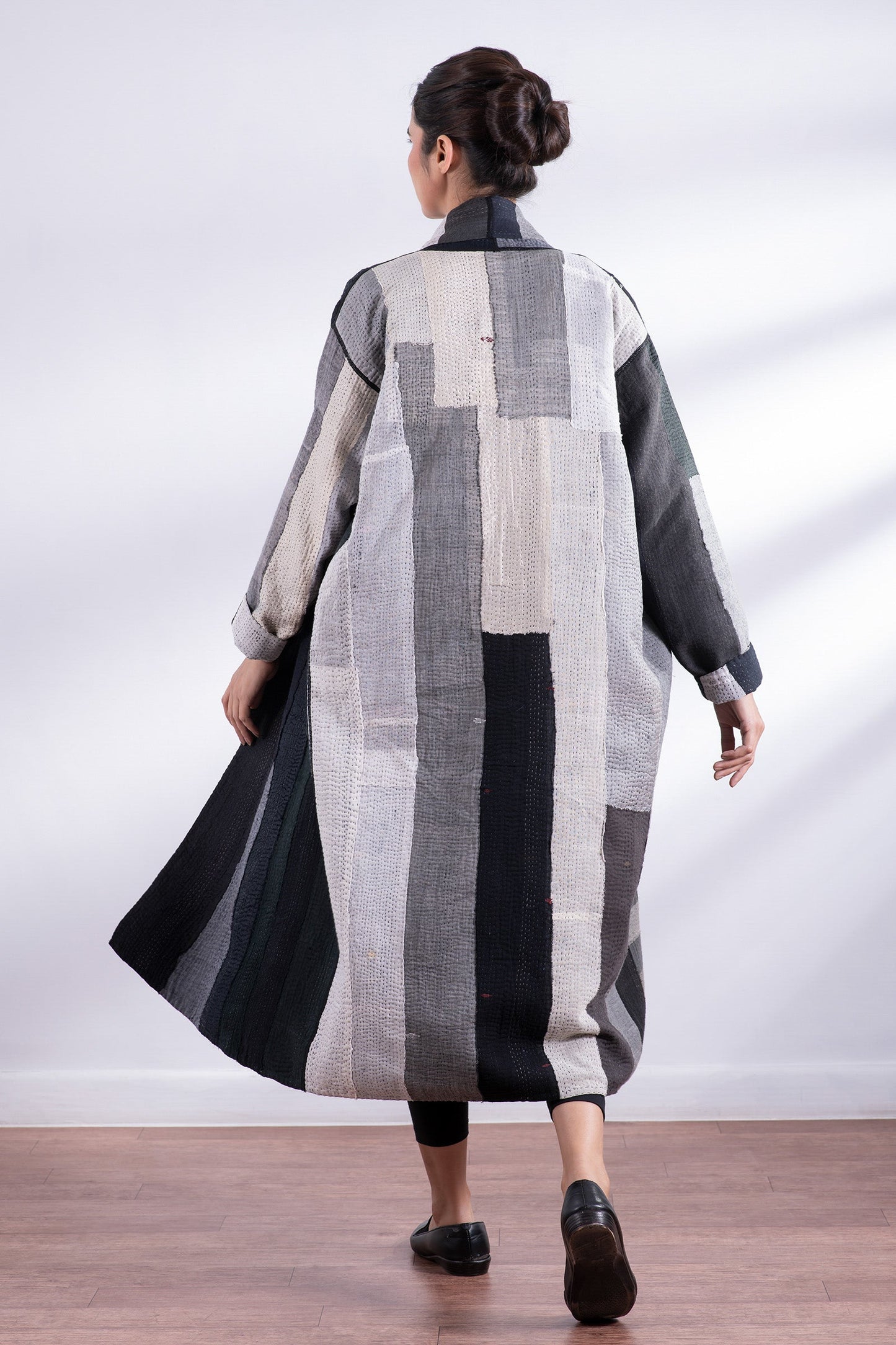 STRIPE AND CHECK COTTON SILK PATCH KANTHA  ROBE COAT - ss4329-blk -