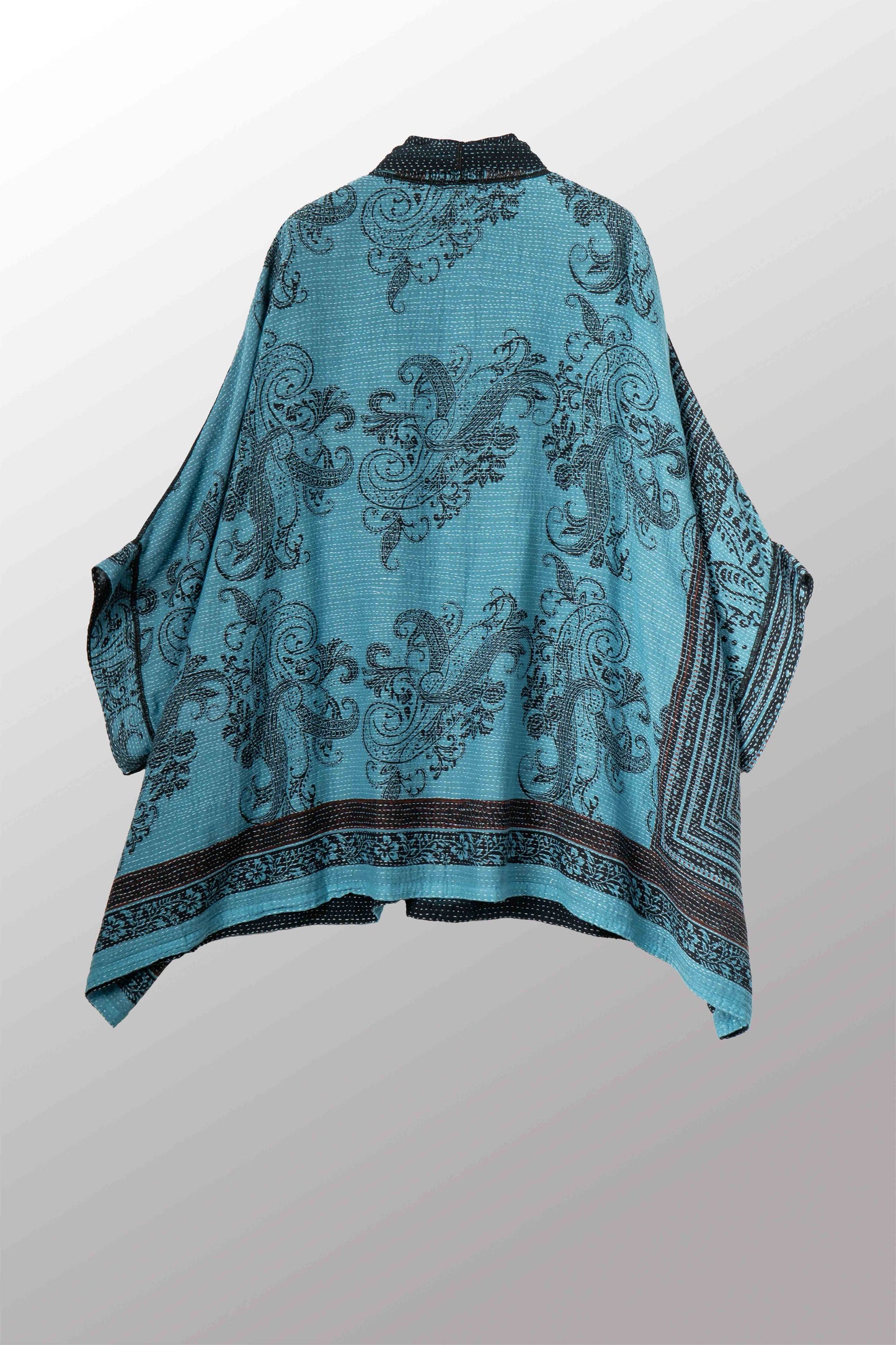 OVERDYED COTTON PAISLEY KANTHA DOUBLE COLLAR PONCHO - ov-cp2323-blu -