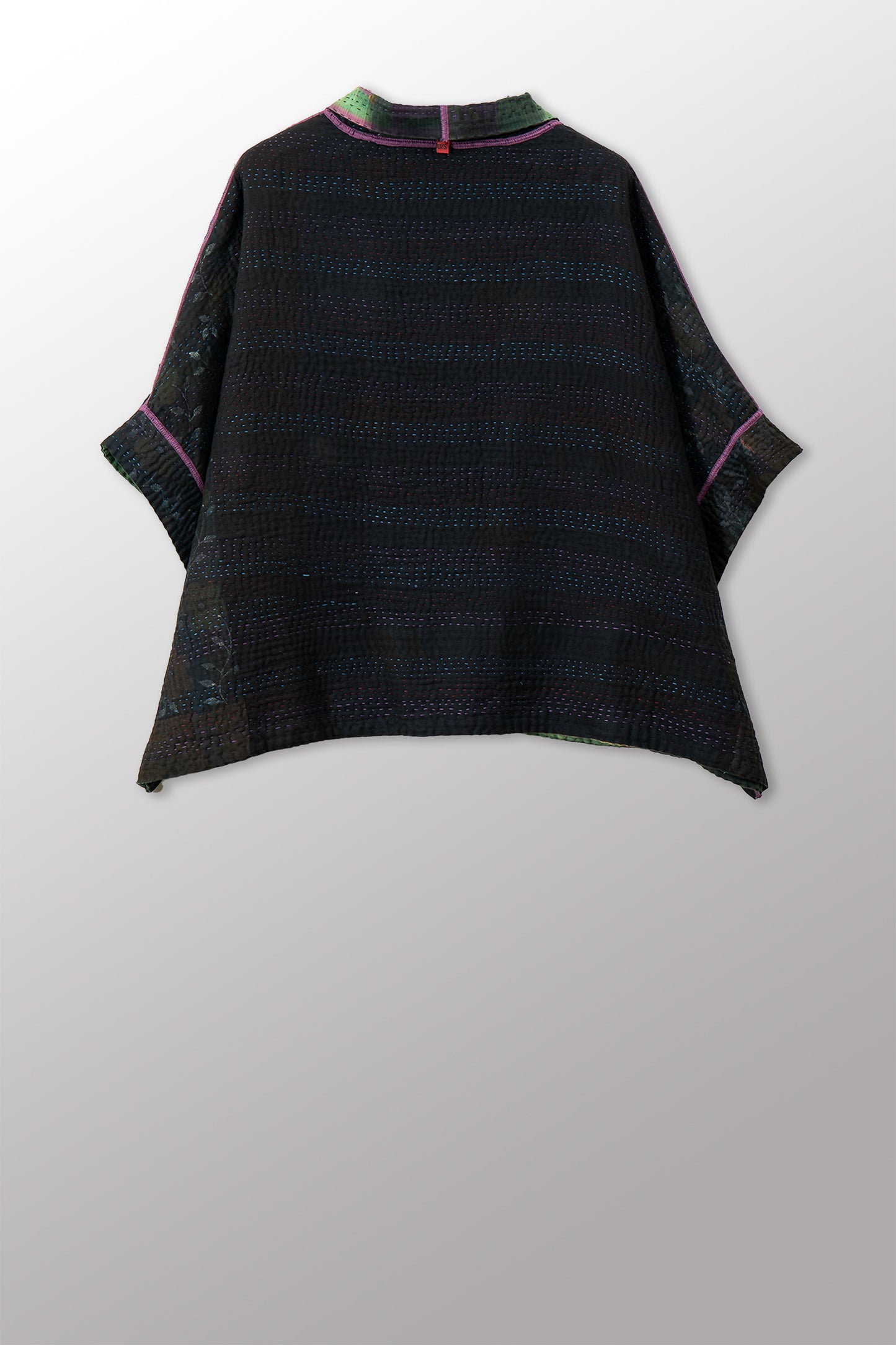 VINTAGE COTTON GREY CLAMP TIE DYE KANTHA MINI PONCHO - su4060-0004a -