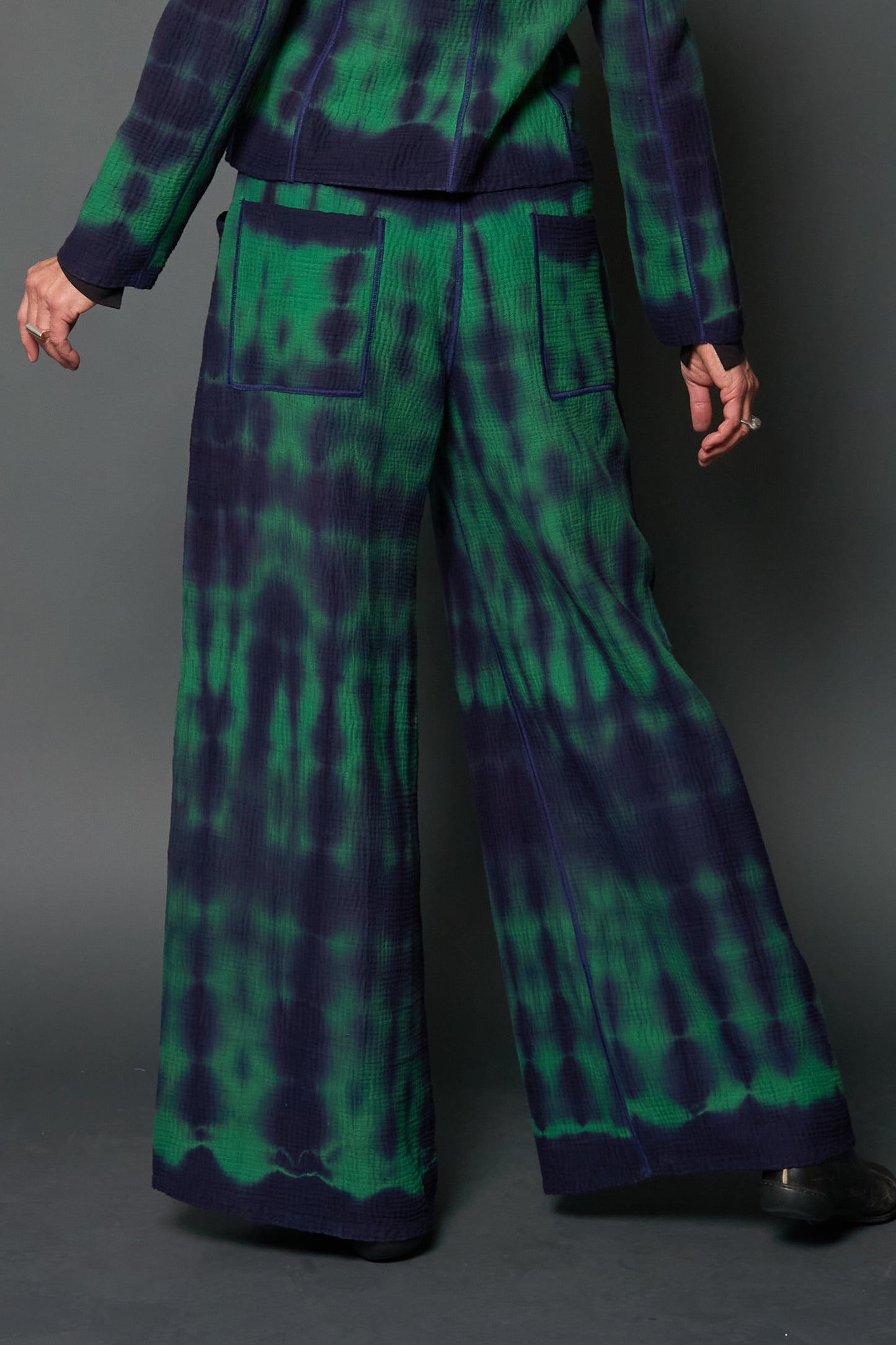 MONE SHIBORI TIE DYE KANTHA MID RISE WIDE LEG PANTS LONG - ms4673-grn -