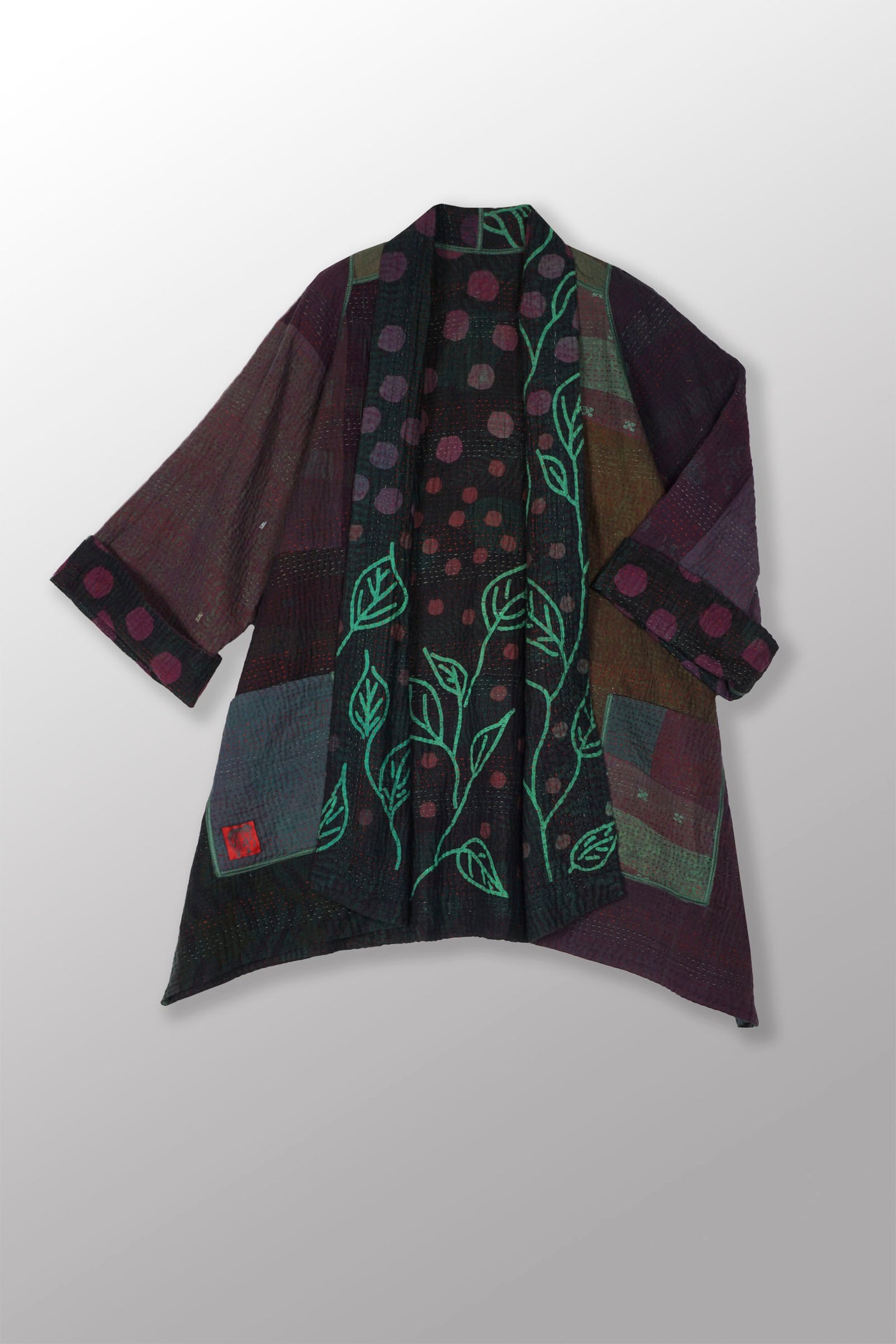 OVERDYED POLKA DOTS & LEAVES KANTHA A-LINE JACKET - dl4003-grn -
