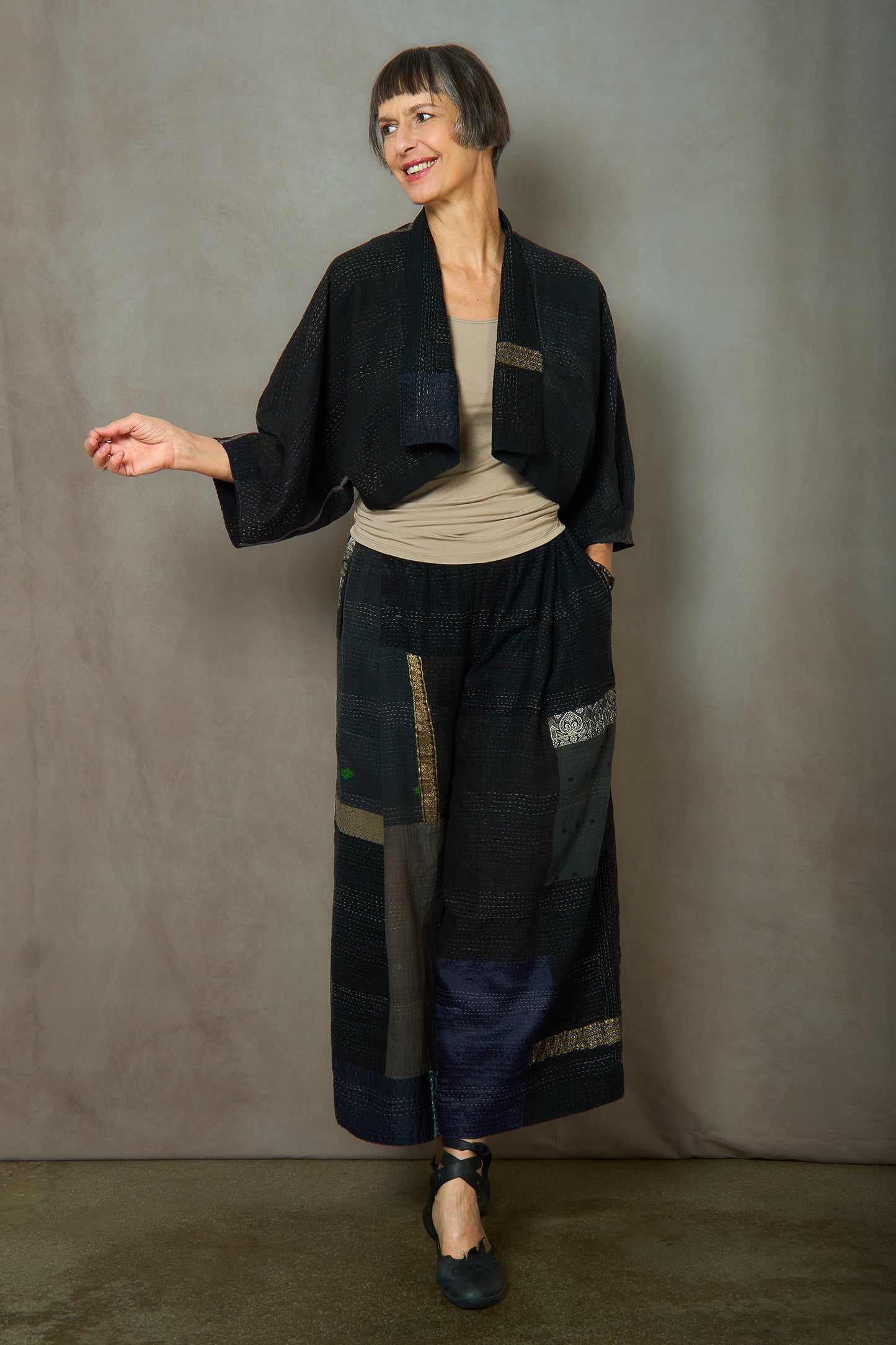 COTTON SILK SW PATCH KANTHA PUFF SLV. SHRUG - ws2062-blk -