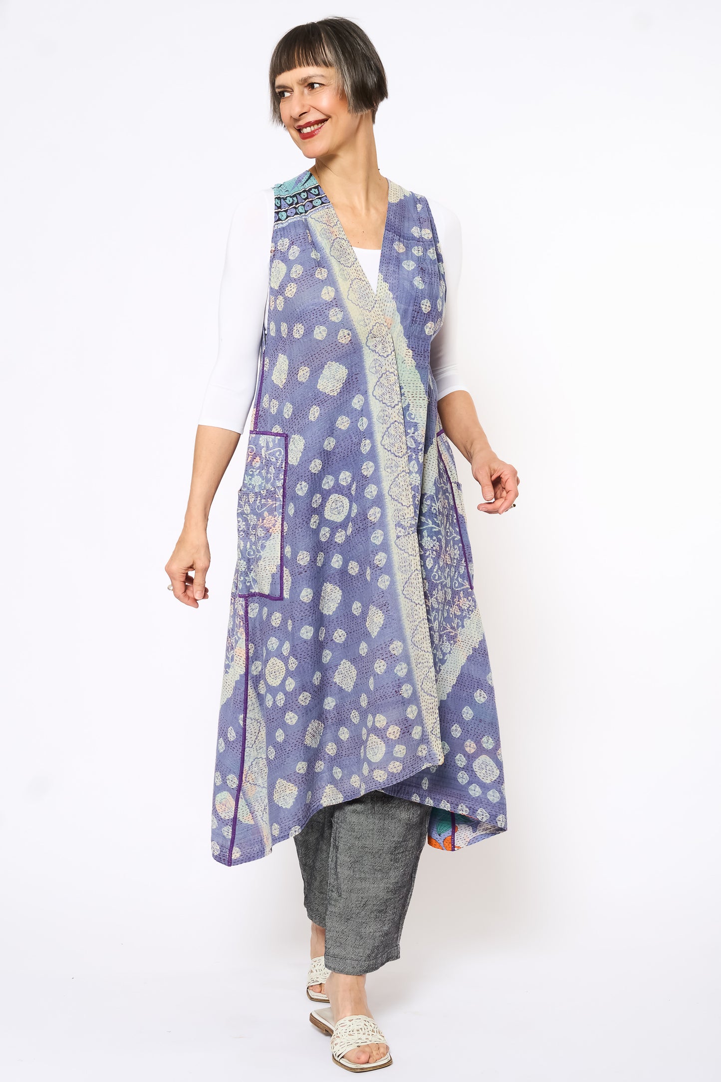 VINTAGE COTTON KANTHA BACK PLEATED VEST MAXI - cv2222-0008a -