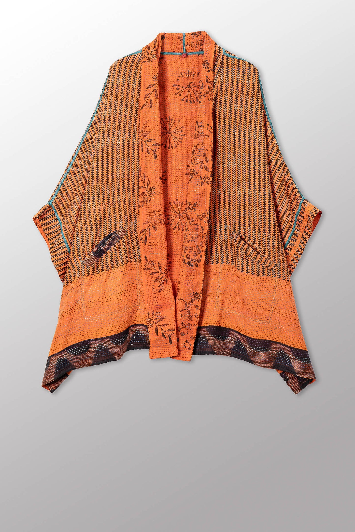 VINTAGE COTTON & NEW VOILE KANTHA DOUBLE COLLAR PONCHO - cn2323-0001a -