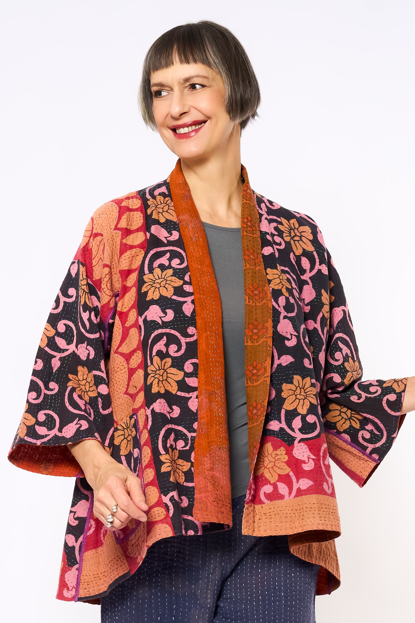 COTTON OVERDYE KANTHA KIMONO JACKET - ov2004-corg002a -