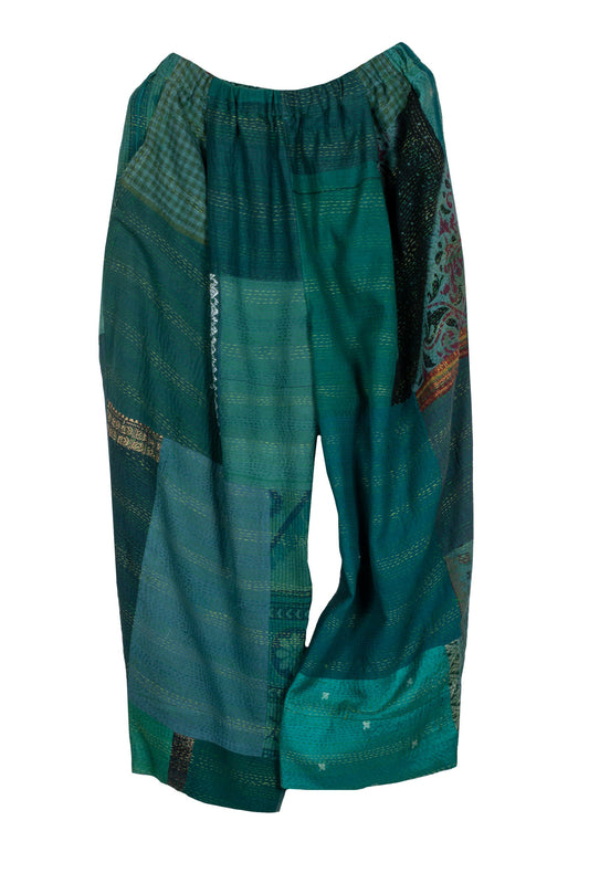 COTTON SILK SW PATCH KANTHA BAGGY PANTS - ws2642-tel -
