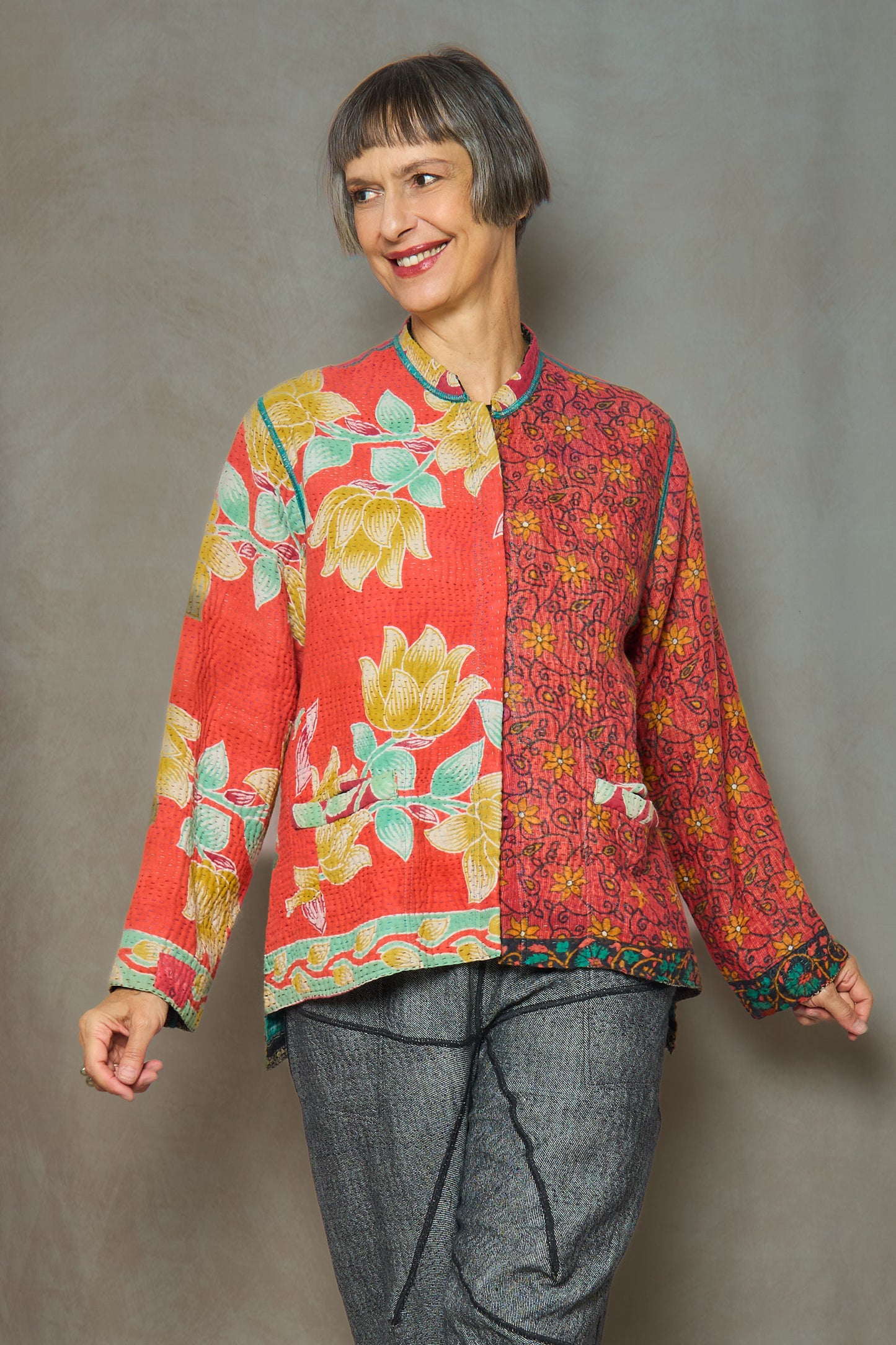 VINTAGE COTTON KANTHA KAFTAN JACKET SHORT - cv4088-0006s -
