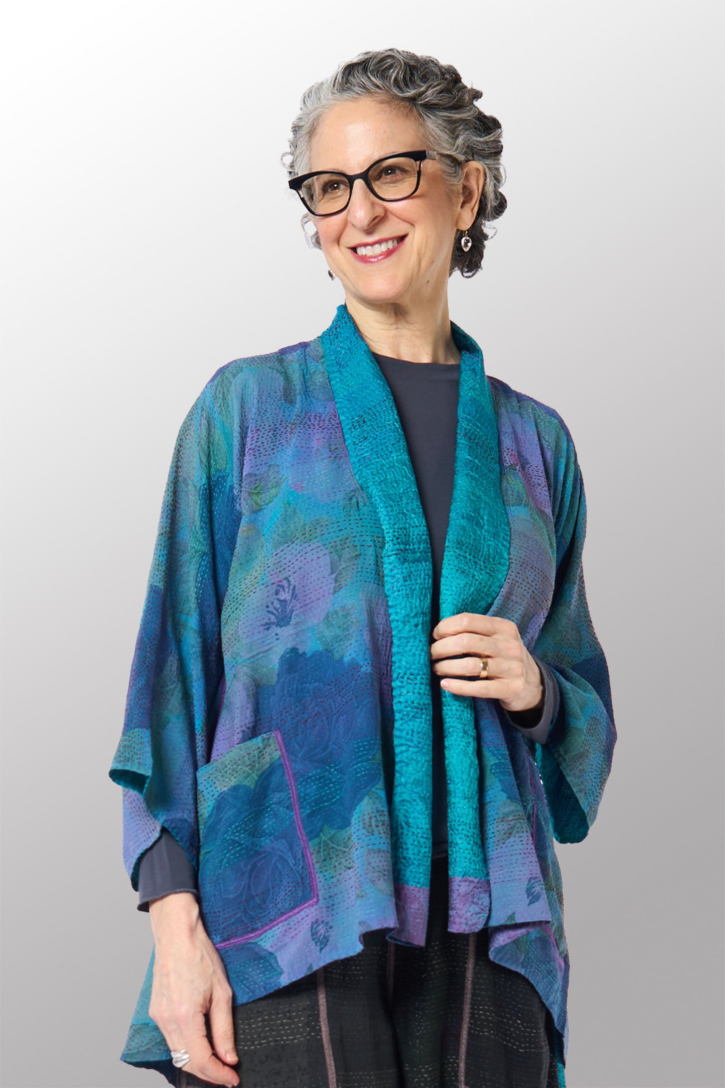 GEORGETTE JACQUARD VINTAGE SILK PATCH KANTHA KIMONO JACKET - gj2004-0001a -