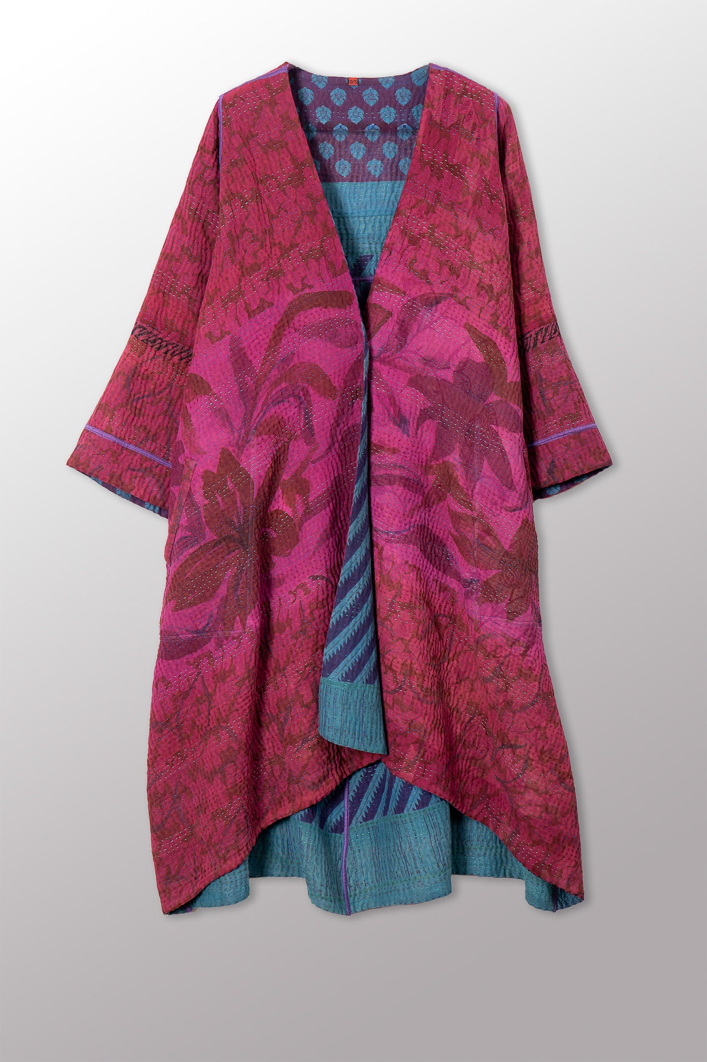 VINTAGE SILK GEORGETTE COTTON KANTHA WRAP FLARE COAT - gc4330-0001a -