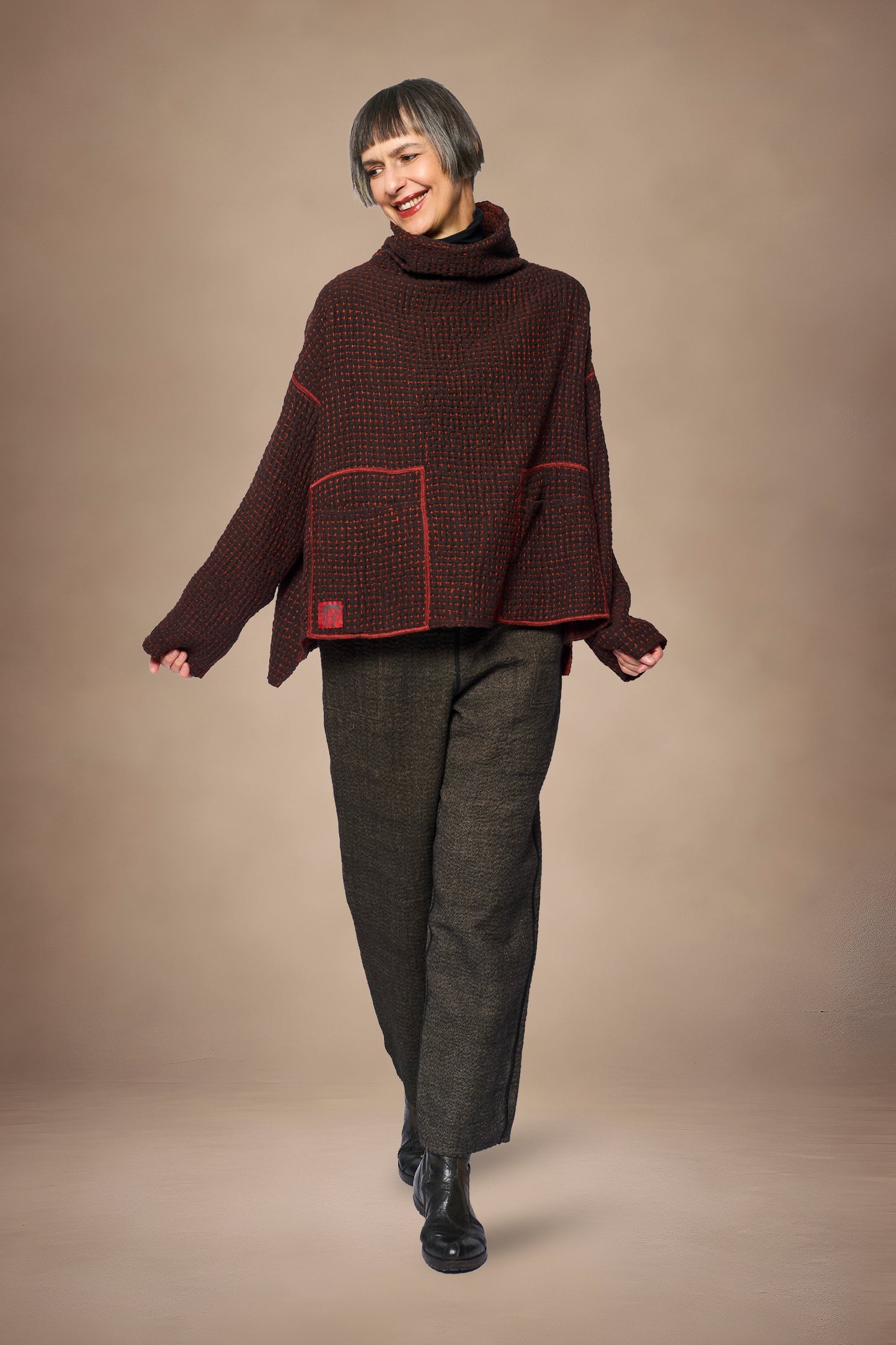 ABSTRACT WAFFLE KANTHA FUNNEL NECK PULLOVER - bw3t106-org -