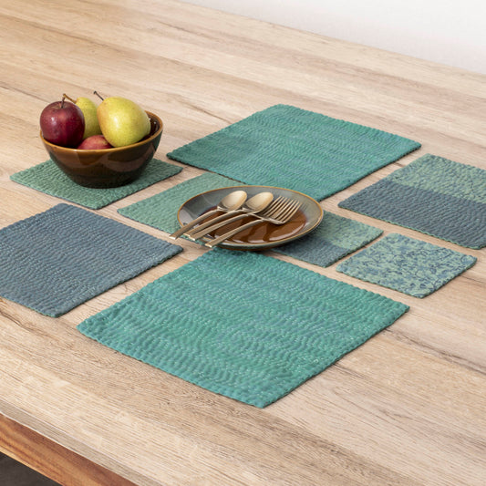 Printed Fray Handmade kantha Coasters - Sage (Set of 2)
