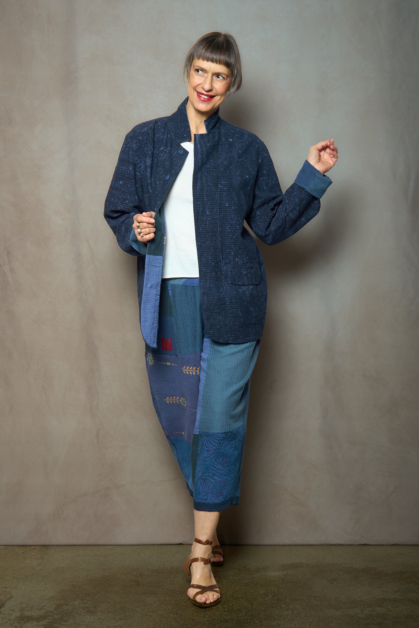 DUCK SUN DYE WITH PATCH KANTHA SIMPLE MEN'S JACKET - us2072-nvy -