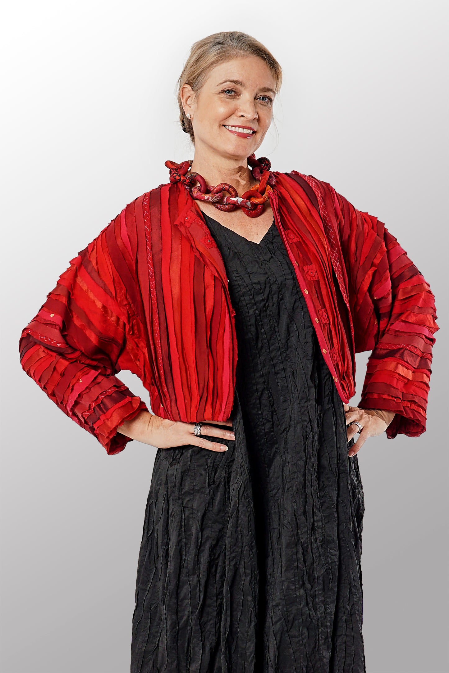 WAVY STRIPE KANTHA CRWE NECK WIDE SLV. JACKET - wv2078-red -