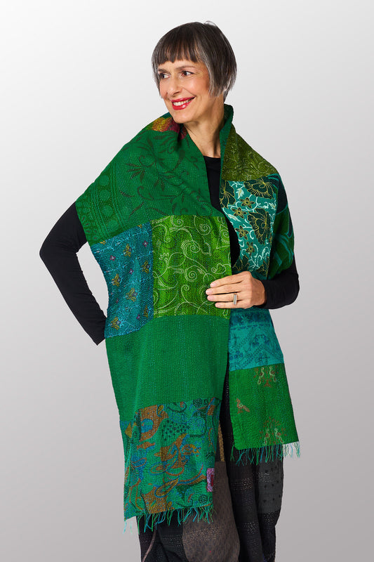 VINTAGE SILK COTTON KANTHA SCARF SMALL - sc2800-grn -