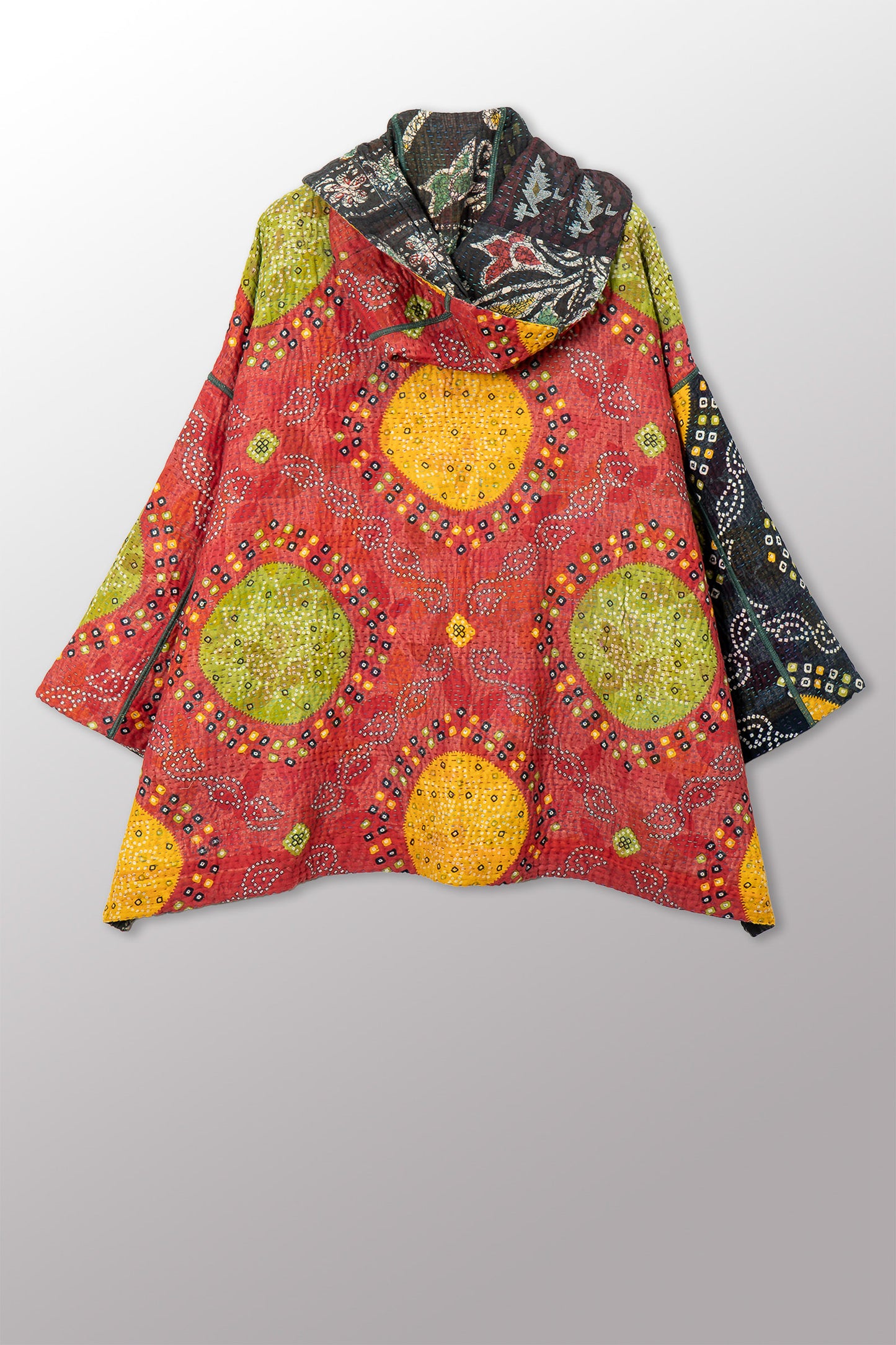 VINTAGE COTTON KANTHA HOODIE PONCHO - cv4064-0037a -