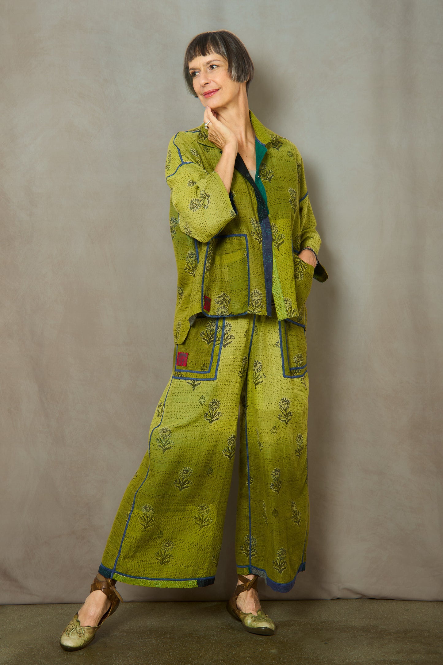 MARBLE FRAY PATCH KANTHA CROPPED TENT SHIRT - mf2596-grn -