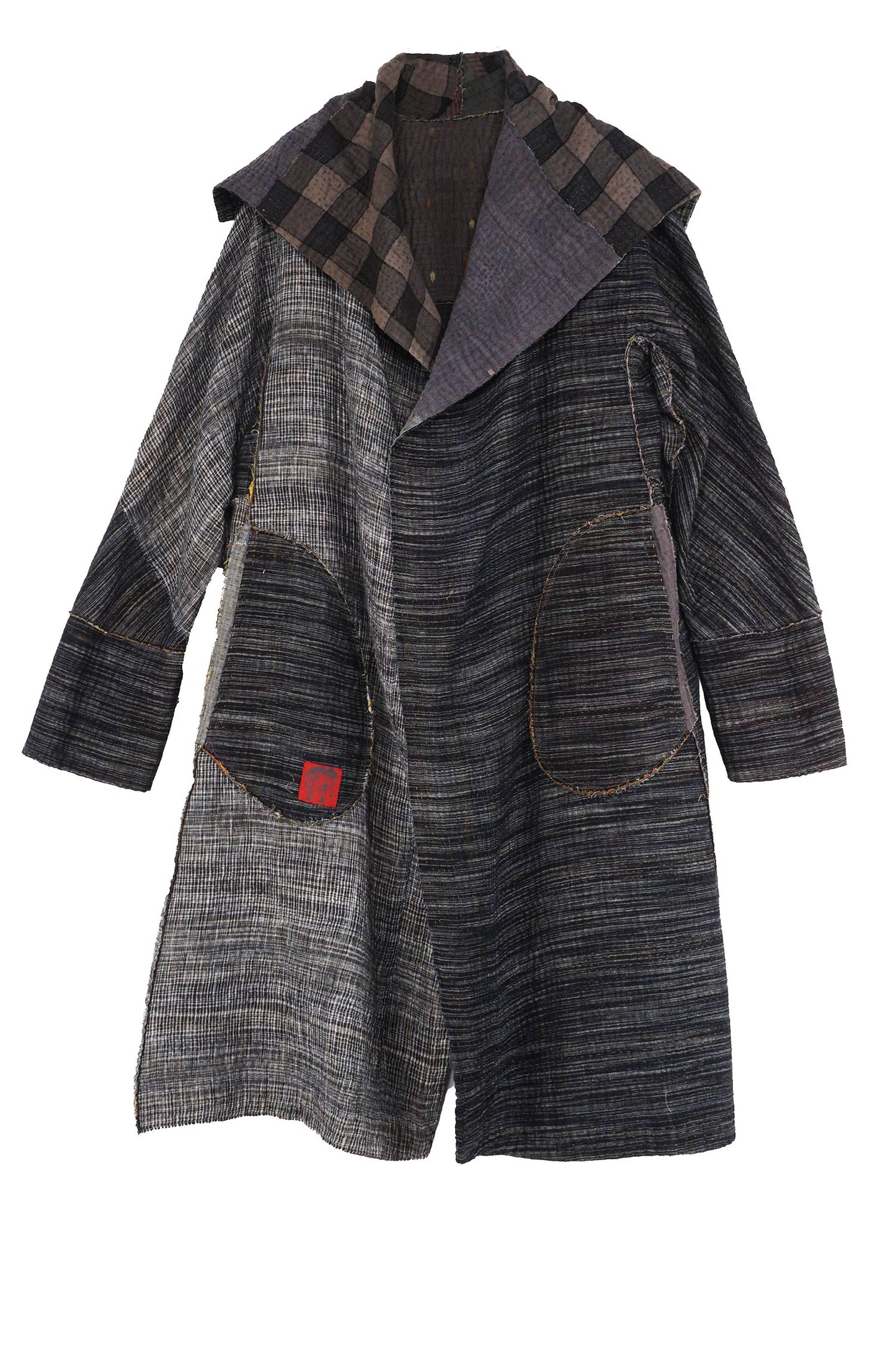 WOVEN IKAT & FRAYED PATCH KANTHA A-LINE COAT - wk4309-gry -