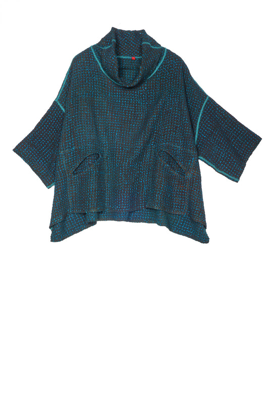 WOOL WAFFLE KANTHA COWL NECK PONCHO - ww3061-tel -