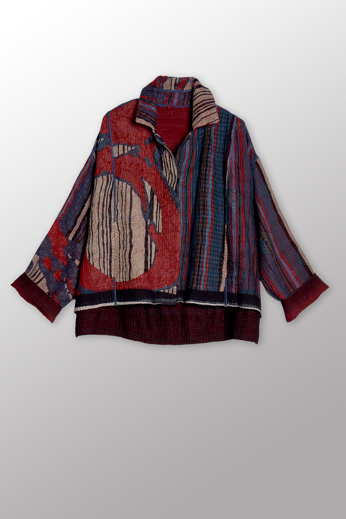 STRIPE AND BENDS KANTHA CROPPED SHIRT JACKET - sb4075-red -