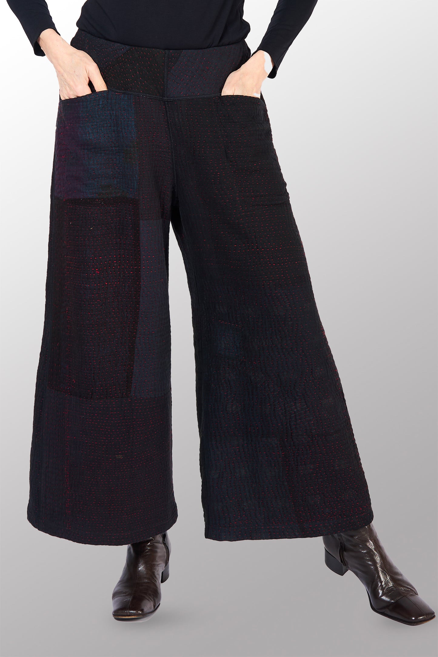 MUJI PATCH KANTHA MID RISE WIDE LEG PANTS - mp4665-blk -