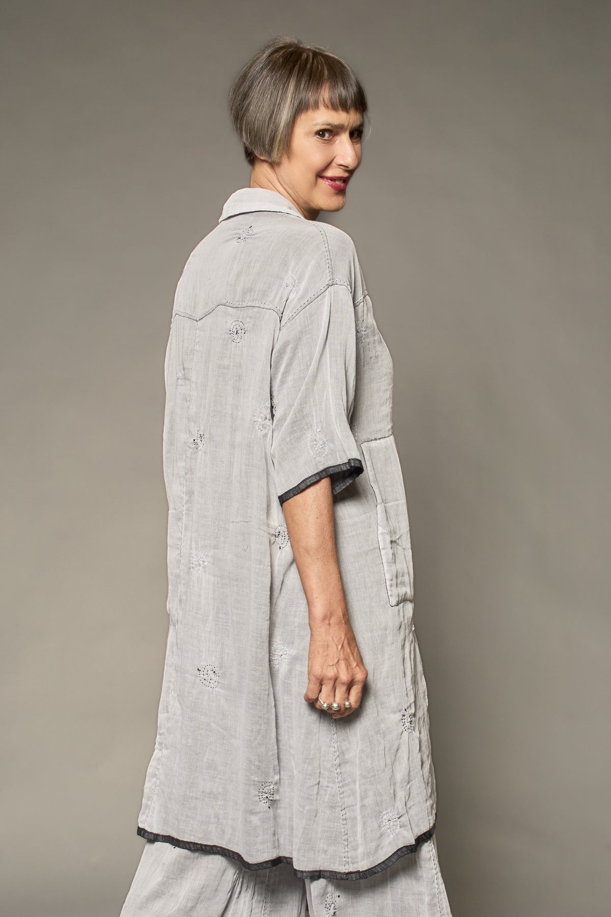 GAUZE SHIBORIGARMENT KANTHA 3/4 SLV. SHIRT DRESS - gg2464-blk -