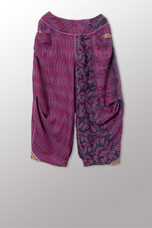 VINTAGE COTTON & NEW VOILE KANTHA KNEE TUCKED PANTS - cn2625-0001m -
