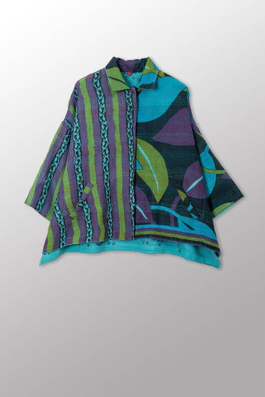 VINTAGE COTTON & NEW VOILE KANTHA CROPPED TENT SHIRT - cn2596-0004a -