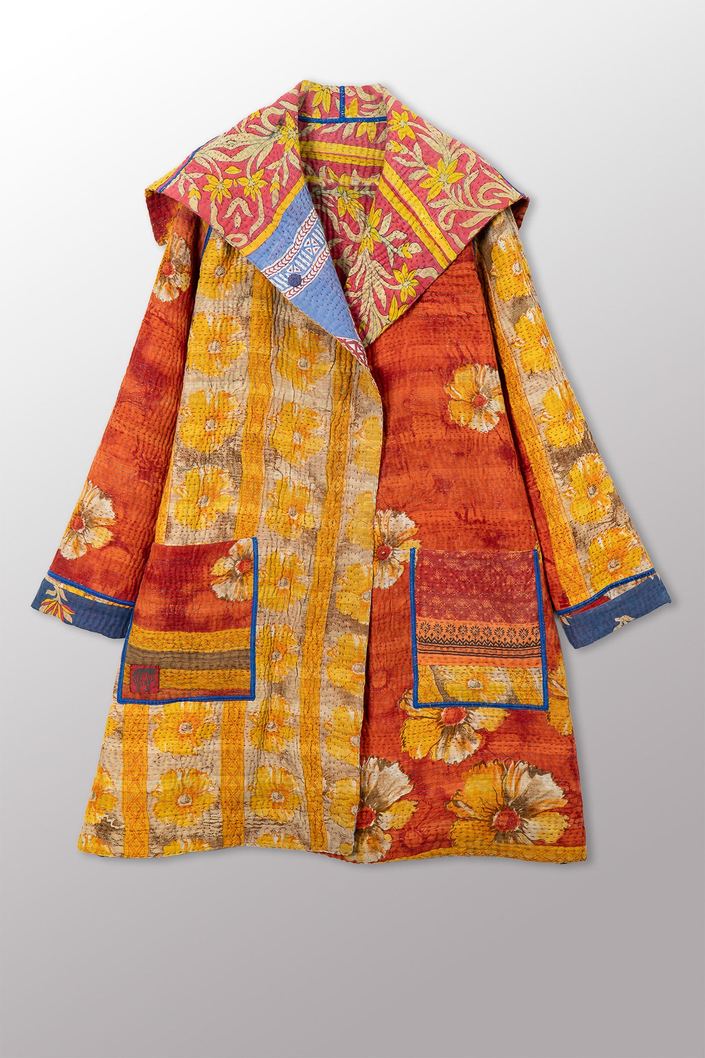 VINTAGE COTTON KANTHA POCKET MEDIUM COAT - cv4316-0049m -