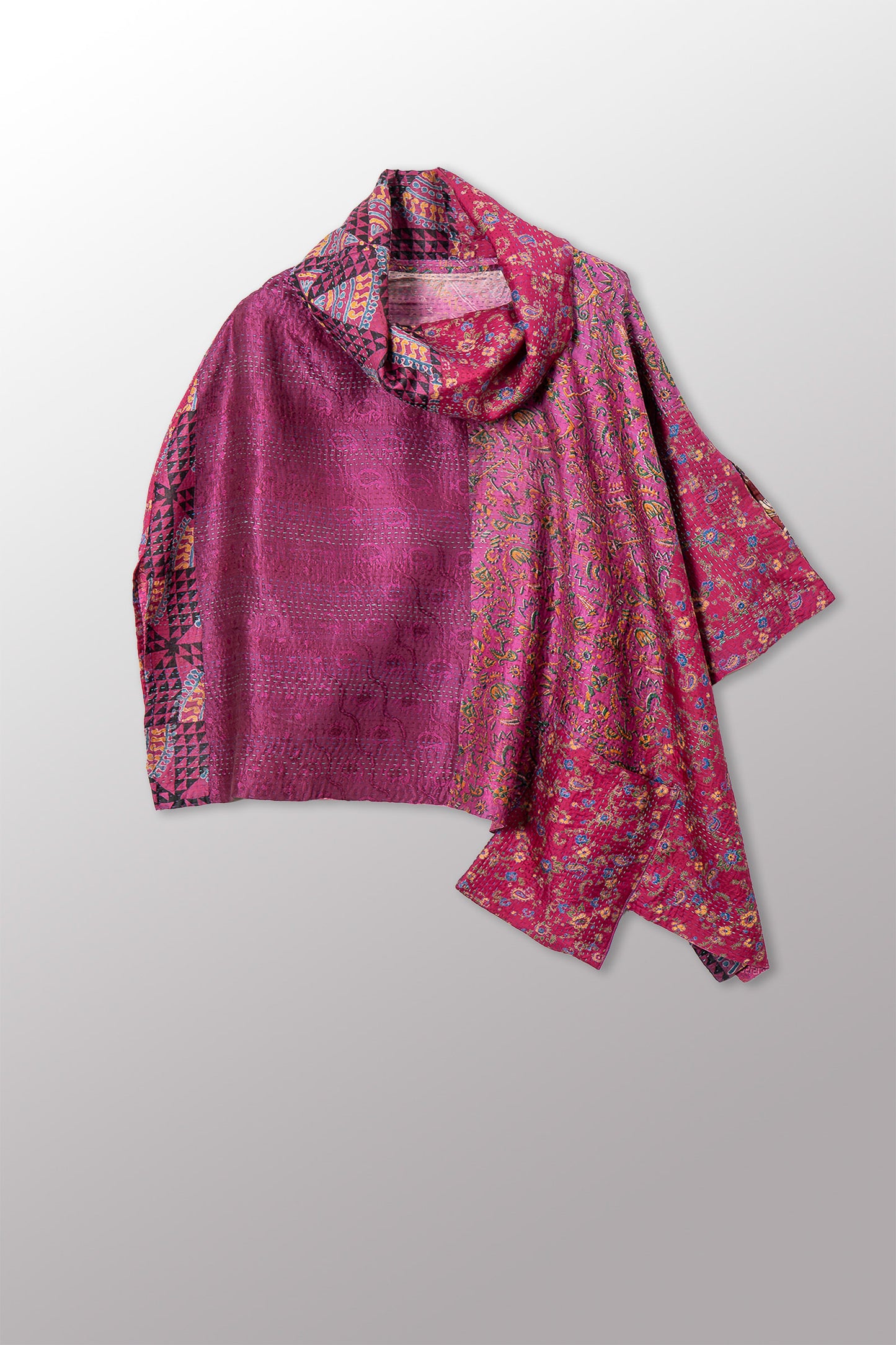 VINTAGE SILK KANTHA COWL NECK LONG CAPE - sv2842-0008a -
