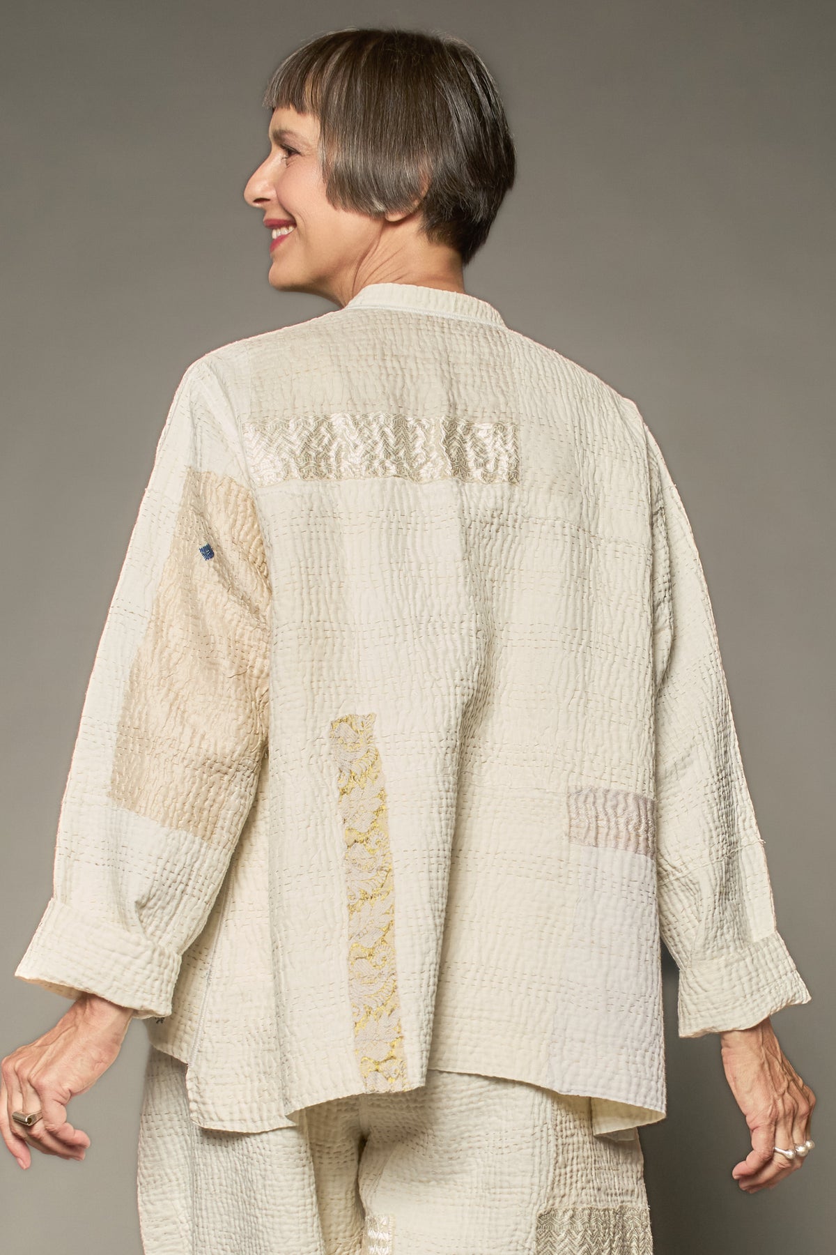 FRAYED PATCH KANTHA KAFTAN JACKET SHORT - fi4088-ivy -