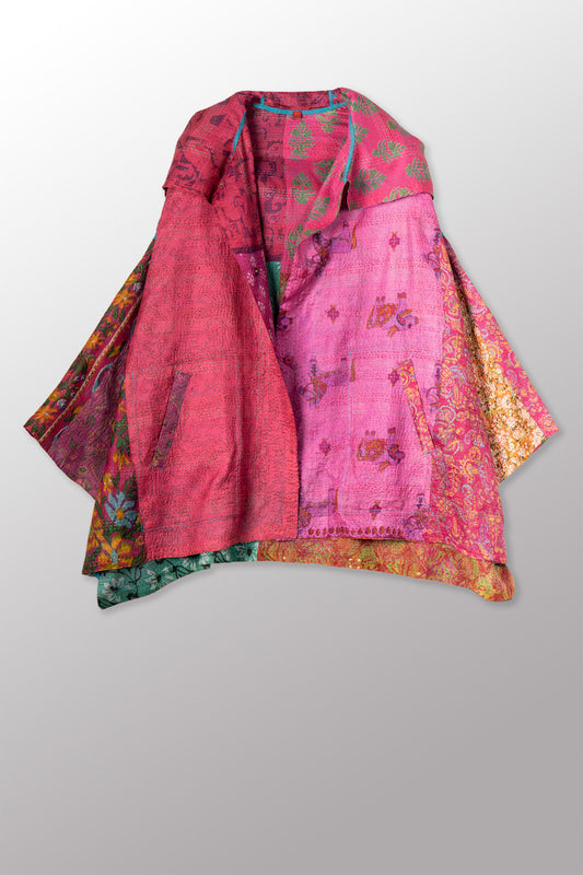 VINTAGE SILK KANTHA HOODIE PONCHO - sv2064-0002a -