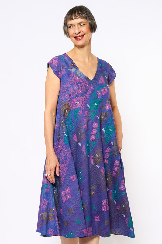 VINTAGE COTTON KANTHA CAP SLV. FLARE DRESS - cv2425-0020m -