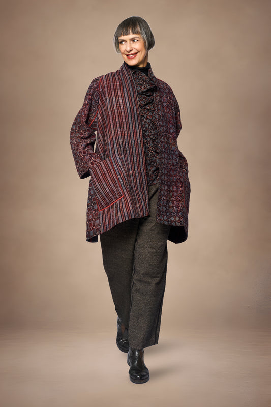 AJRAKH PRINT AND SILK COTTON PATCH KANTHA A-LINE JACKET - az4003-brn -