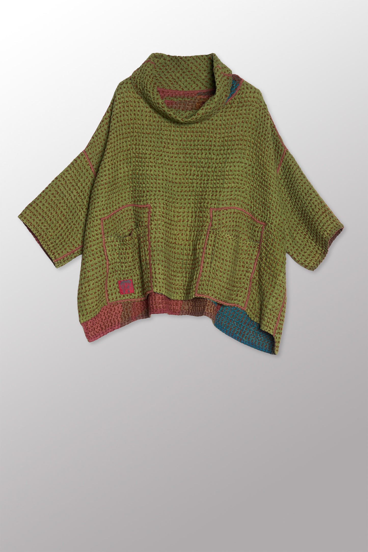 ABSTRACT WAFFLE KANTHA COWL NECK PONCHO - bw3061-red -