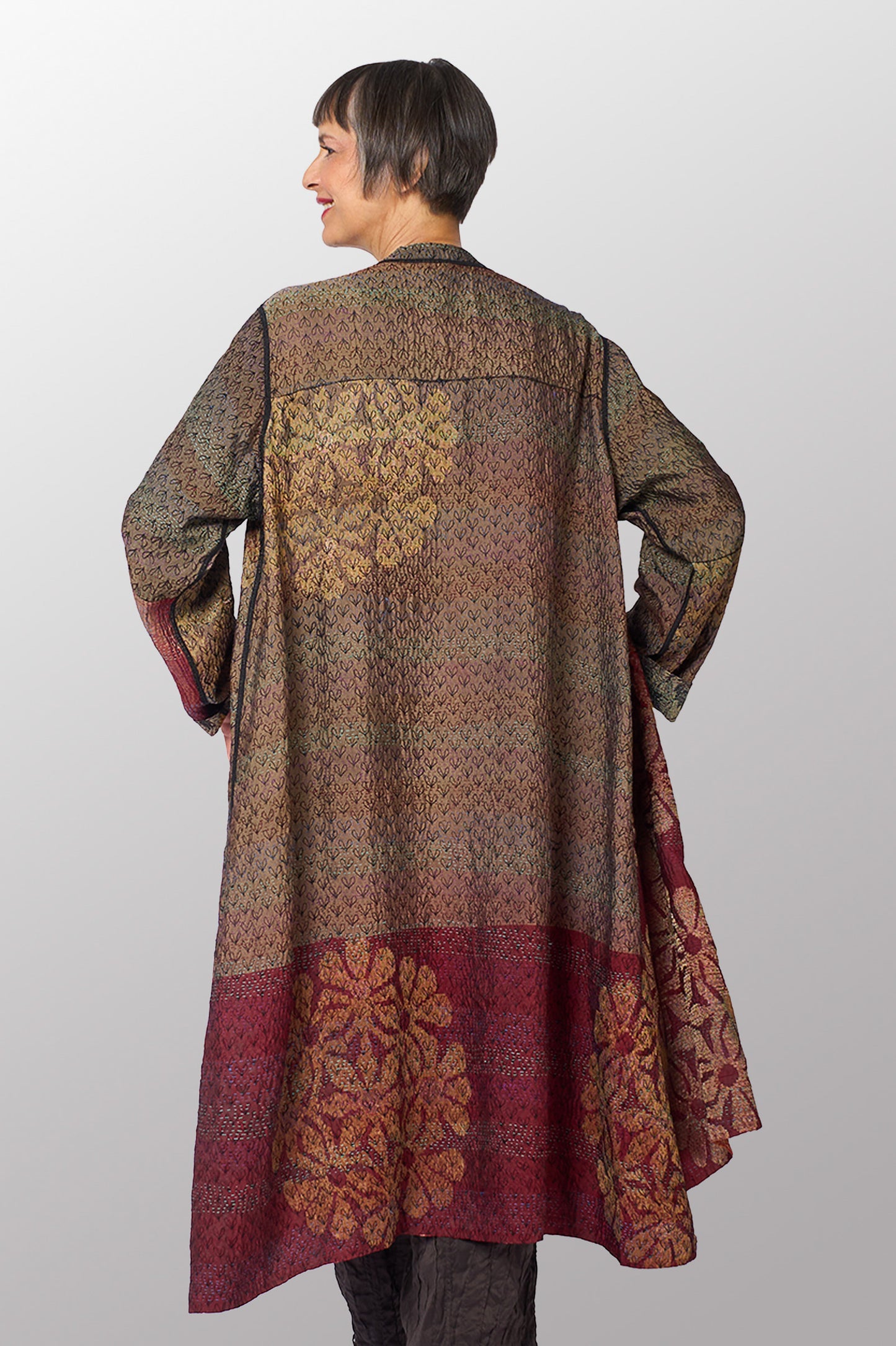 GEORGETTE JACQUARD VINTAGE SILK PATCH KANTHA KAFTAN COAT - gj2343-0001m -
