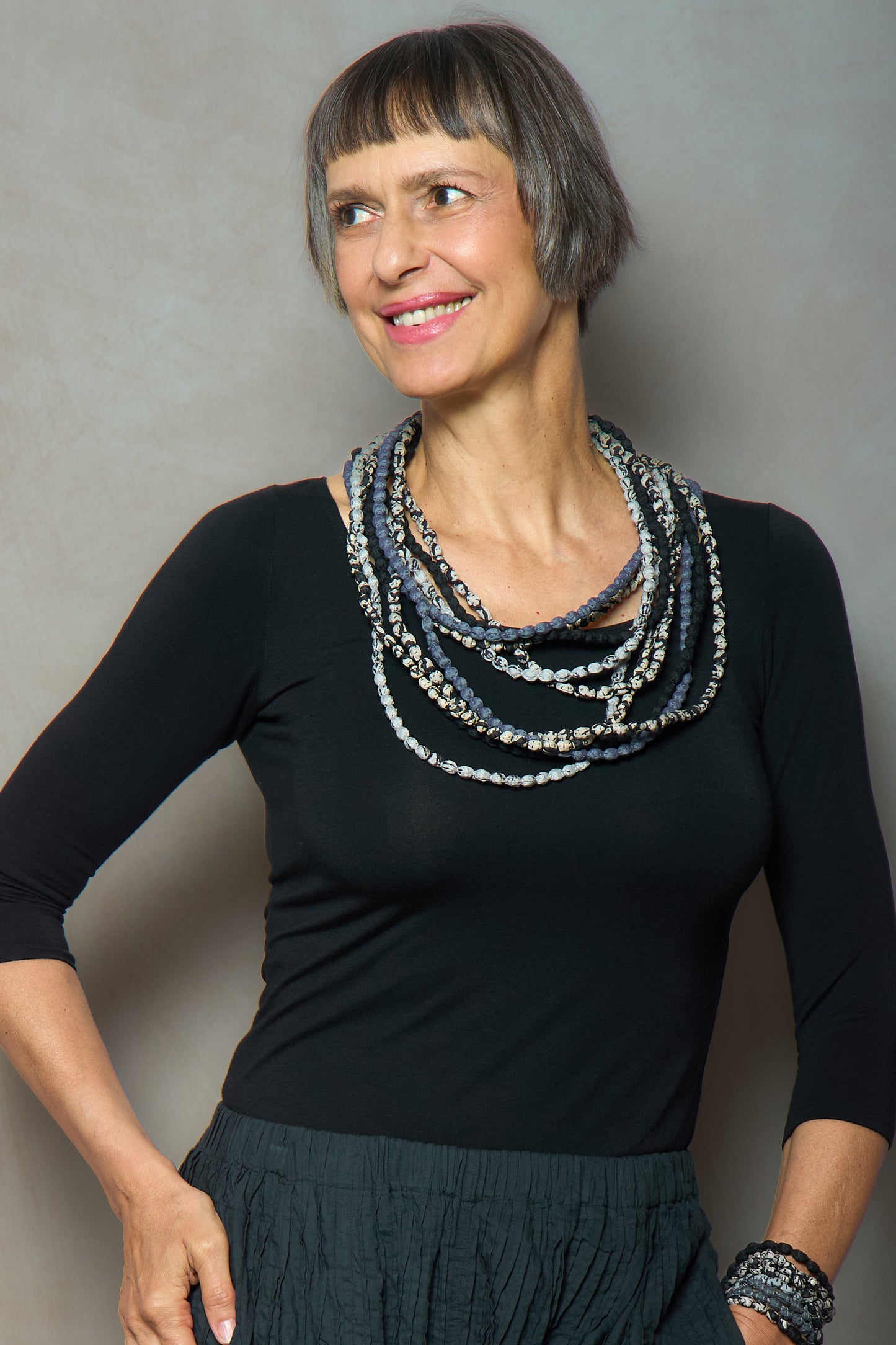 VINTAGE SILK KANTHA 5 STRAND NECKLACE - sv2730-blk -