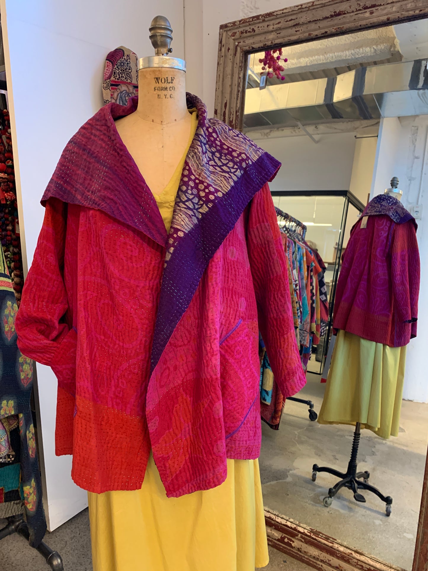 VINTAGE SILK GEORGETTE COTTON KANTHA FLARE JACKET - gc4010-0001a -