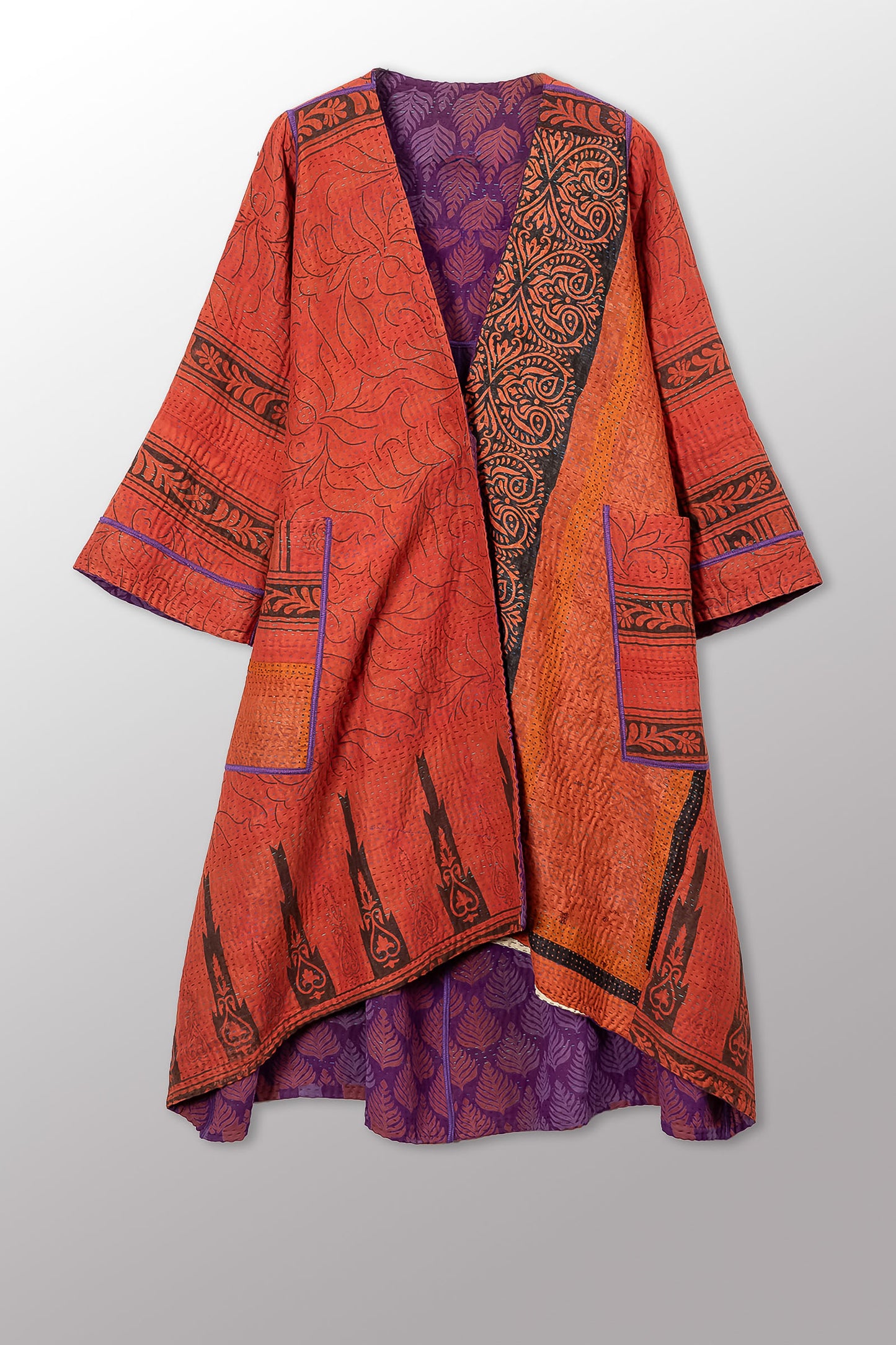 VINTAGE SILK GEORGETTE COTTON KANTHA WRAP FLARE COAT - gc4330-0002a -