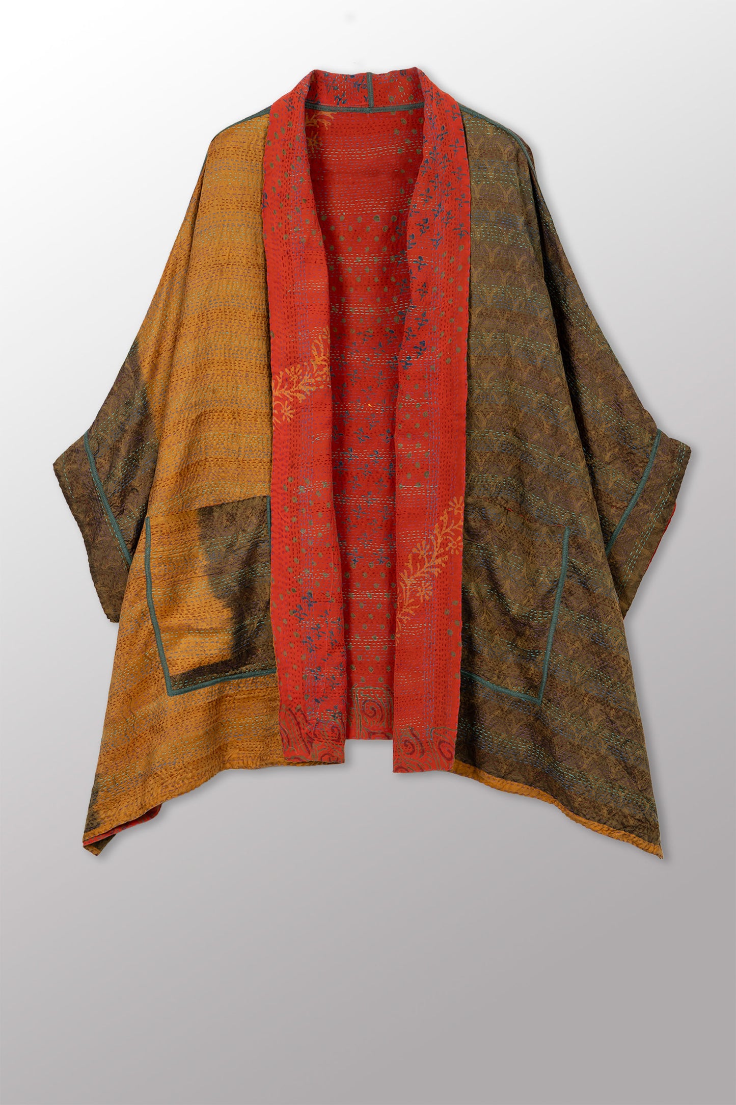 GEORGETTE JACQUARD VINTAGE SILK PATCH KANTHA DOUBLE COLLAR PONCHO - gj2323-0002a -