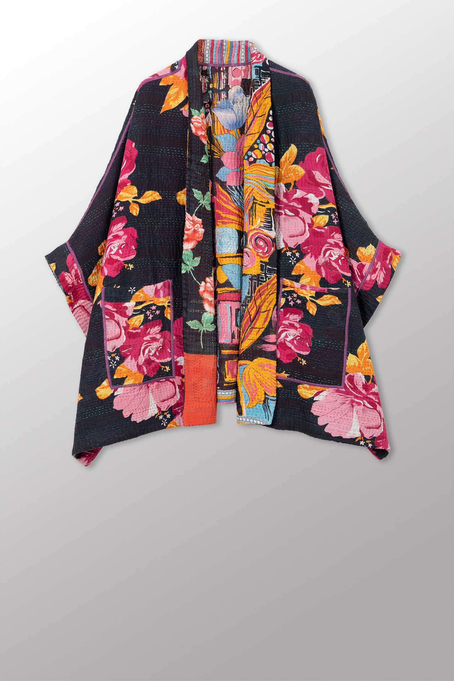 VINTAGE COTTON KANTHA DOUBLE COLLAR PONCHO - cv4323-0062a -