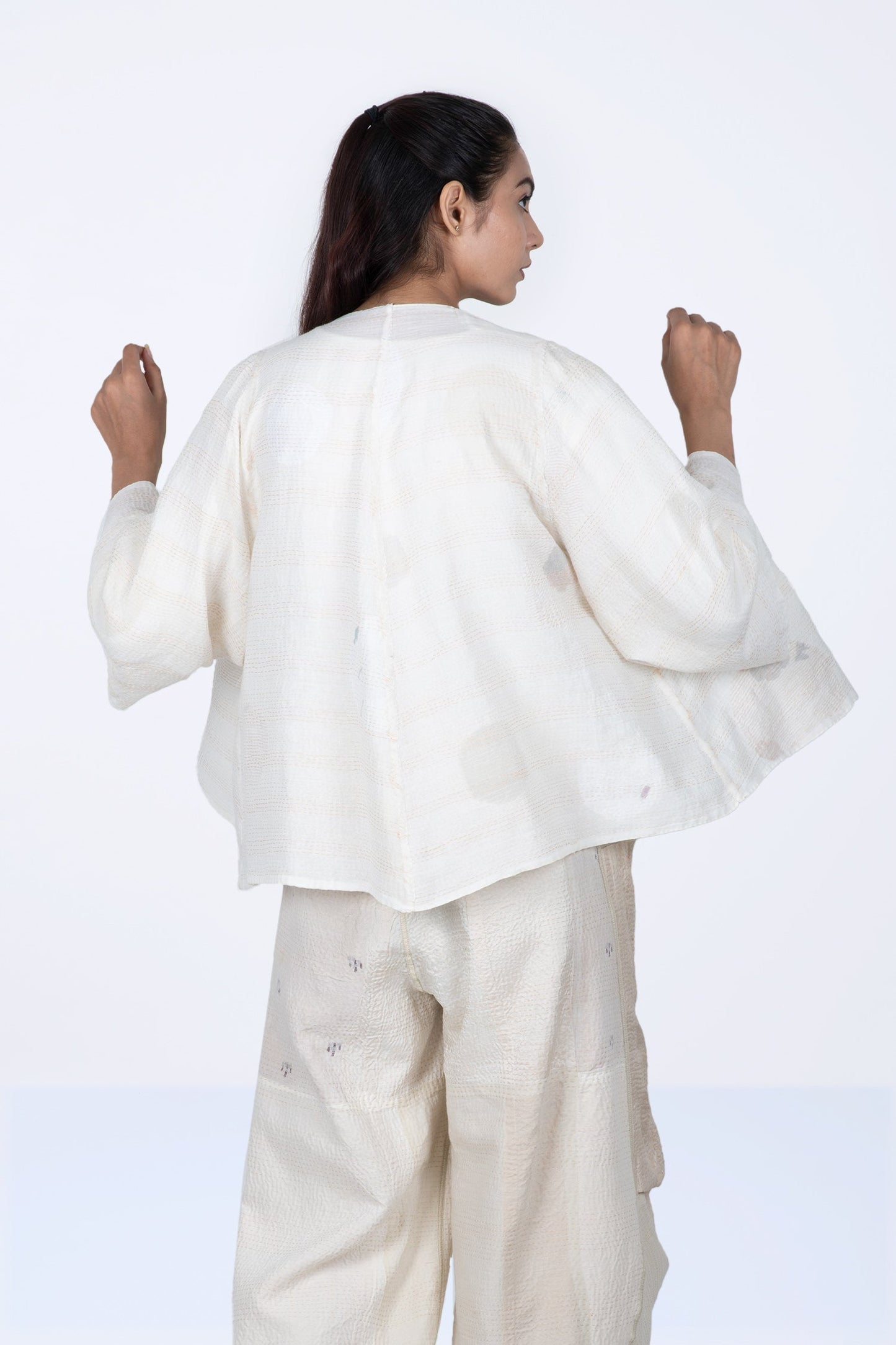 CUT THROUGH DOT AND HOLES KANTHA BELL SHAPE JKT - cd2048-ivy -