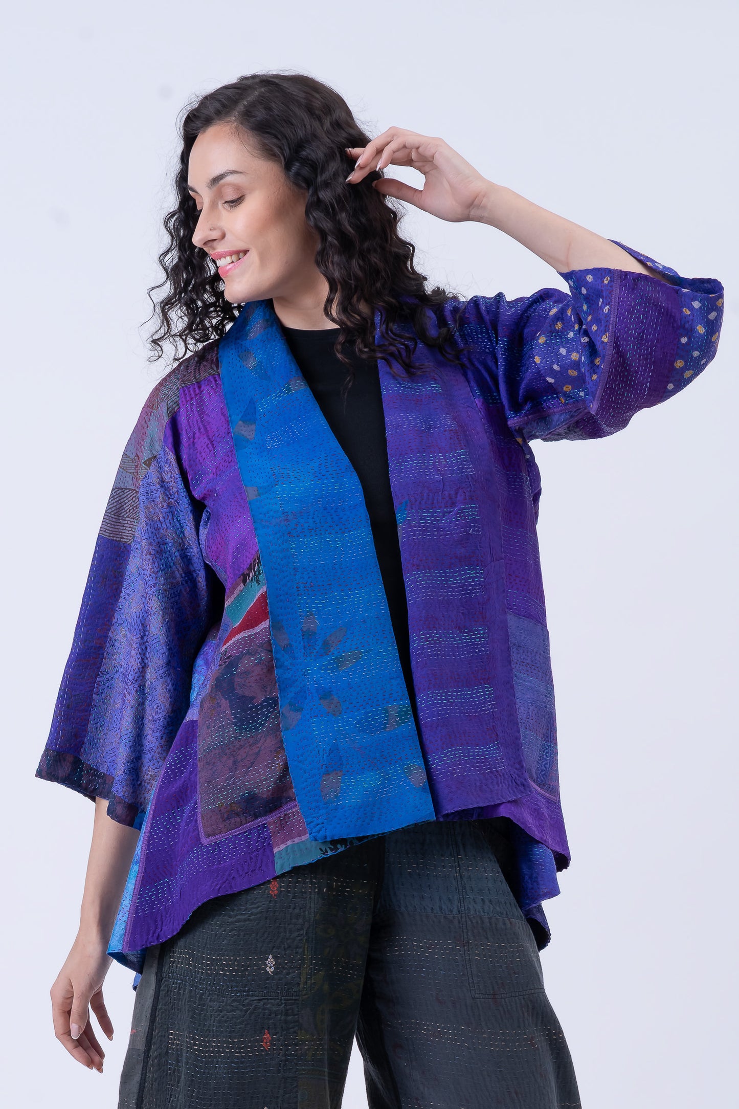 GEORGETTE VINTAGE SILK PATCH KANTHA KIMONO JACKET - gs2004-prp -