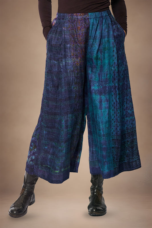 TIE DYE VINTAGE SILK KANTHA WIDE LEG LANTERN PANTS - st-sv2646-nvy -