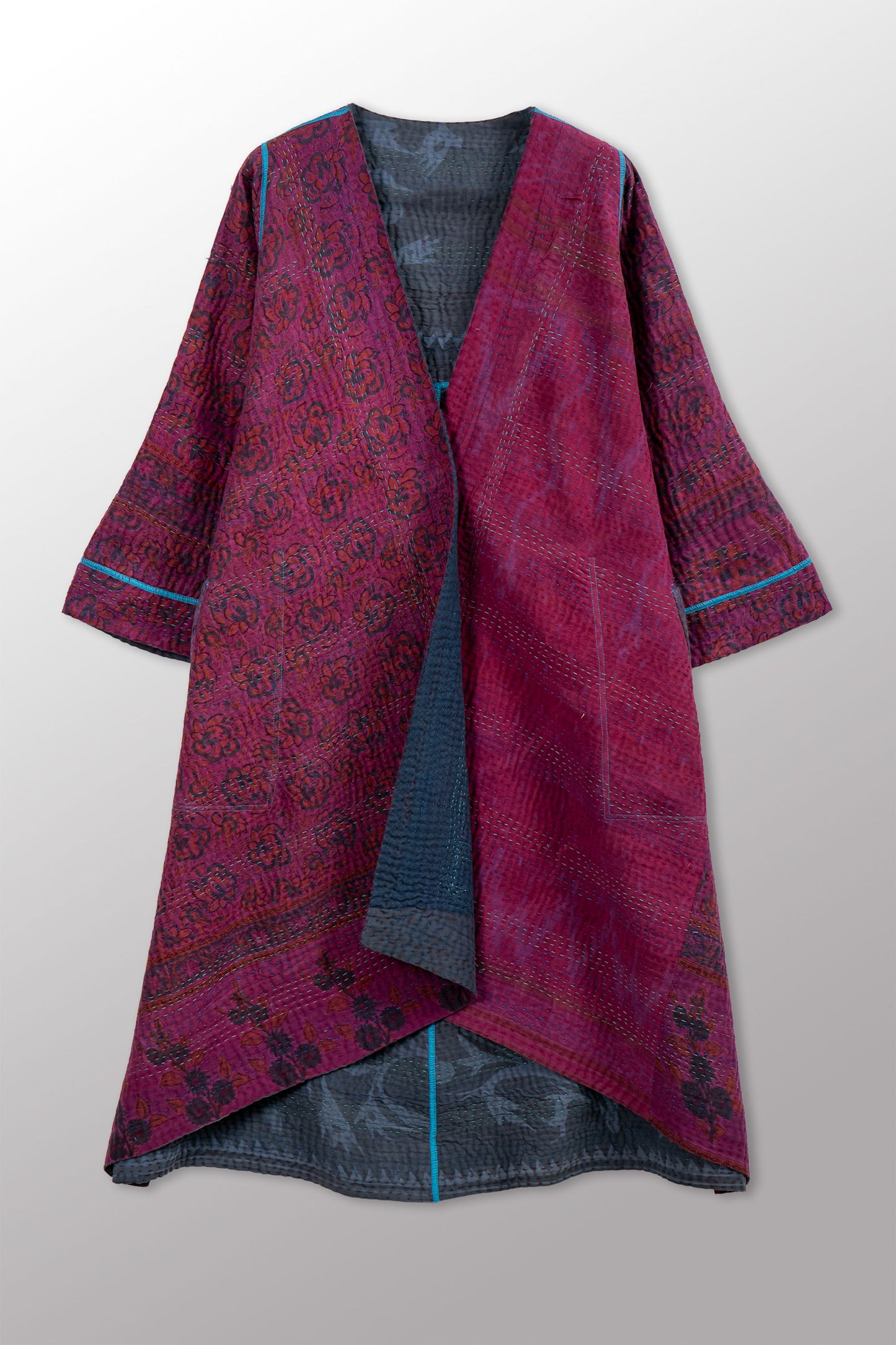 COTTON OVERDYE KANTHA WRAP FLARE COAT - ov4330-cfus002a -